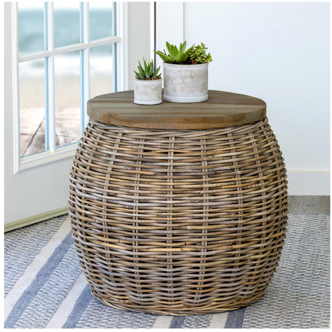 Rattan Side Table with Wood Top